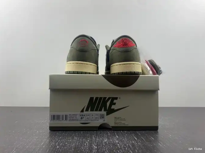 1st Kicks Shoes 'BLACK LOW JORDAN SCOTT OG 1 X SP AIR DM7866-002 TRAVIS OLIVE' 0622